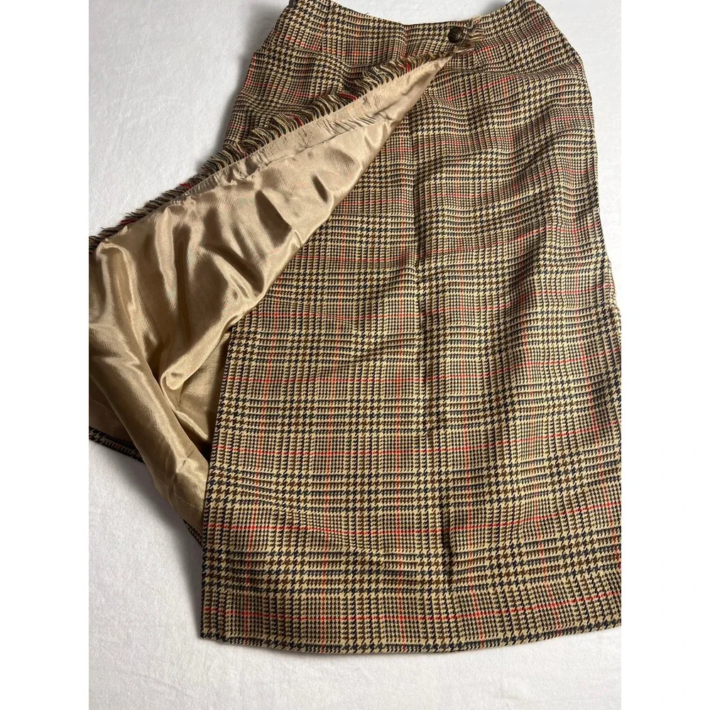 David Brooks Wrap Skirt Wm 10 Tan Plaid Pure Wool Fringe Midi Made USA Cottage